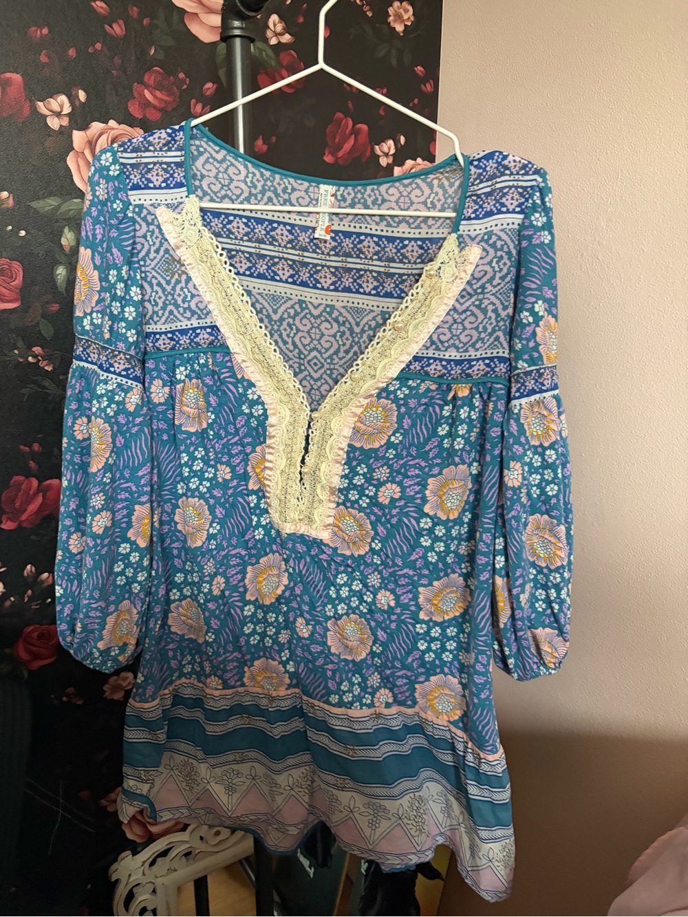 Free People Teal Floral Lace-Trim Tunic